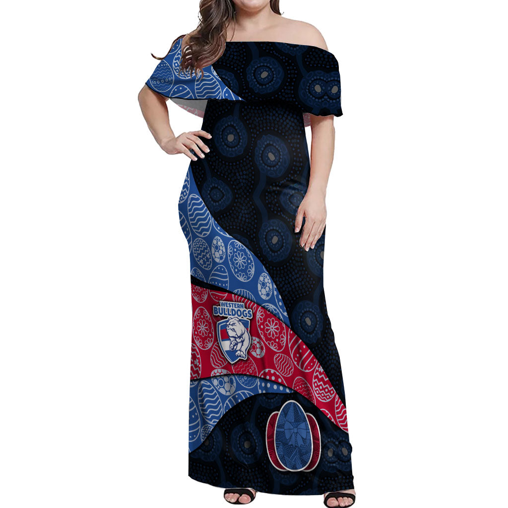 Personalized Western Bulldogs Football Off Shoulder Maxi Dress Easter Egg Pattern Red Blue Tribal Dot Art Style
