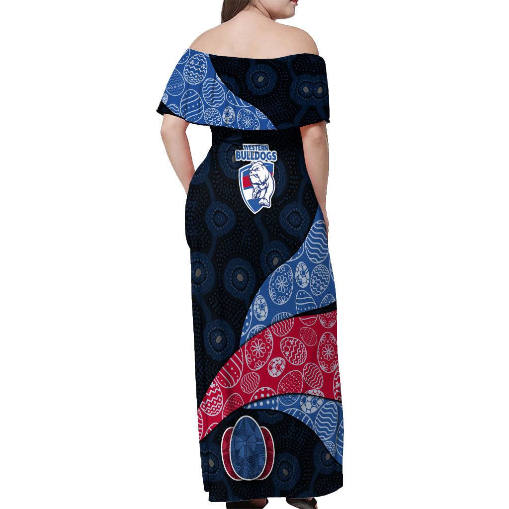 Personalized Western Bulldogs Football Off Shoulder Maxi Dress Easter Egg Pattern Red Blue Tribal Dot Art Style