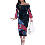 Personalized Western Bulldogs Football Off The Shoulder Long Sleeve Dress Easter Egg Pattern Red Blue Tribal Dot Art Style