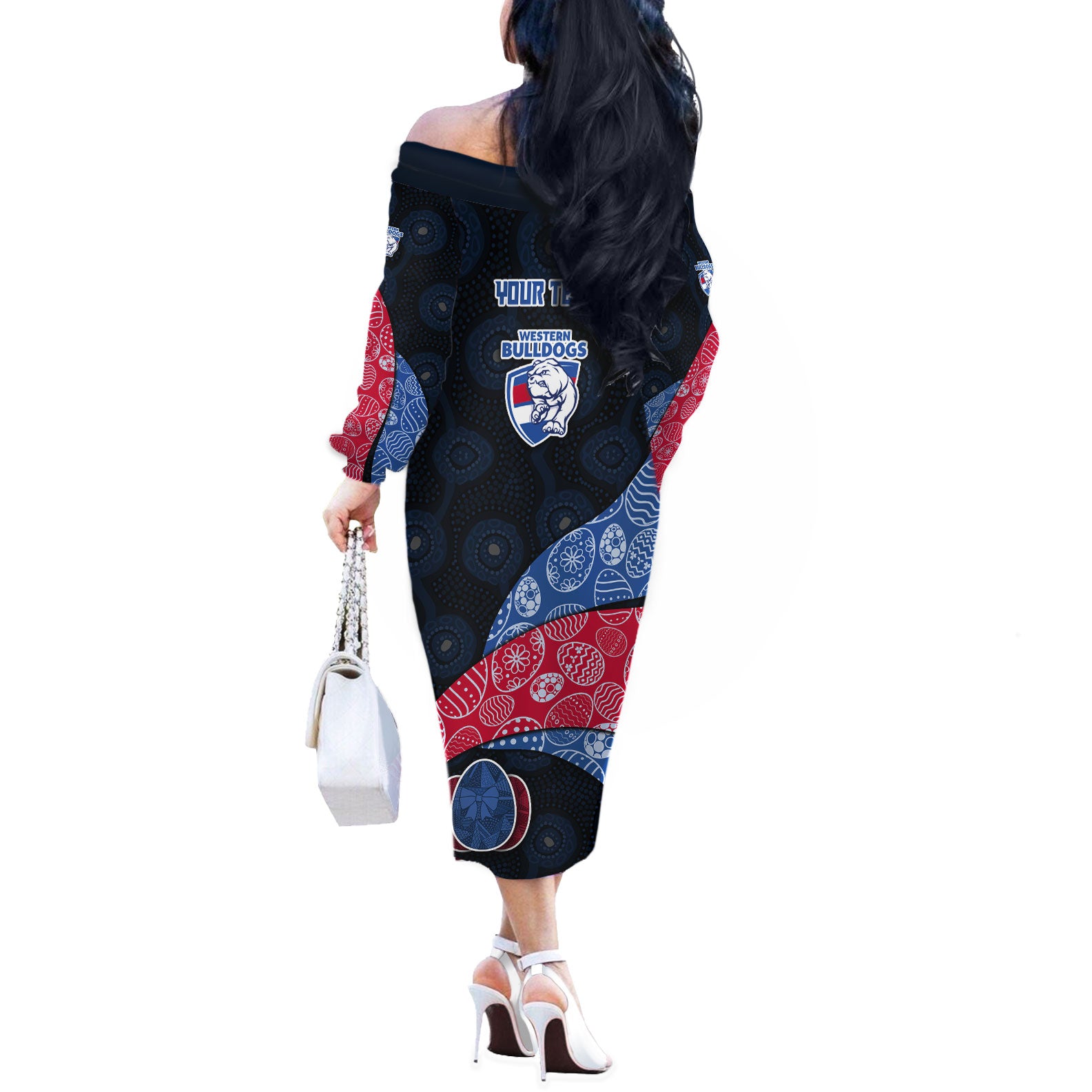 Personalized Western Bulldogs Football Off The Shoulder Long Sleeve Dress Easter Egg Pattern Red Blue Tribal Dot Art Style