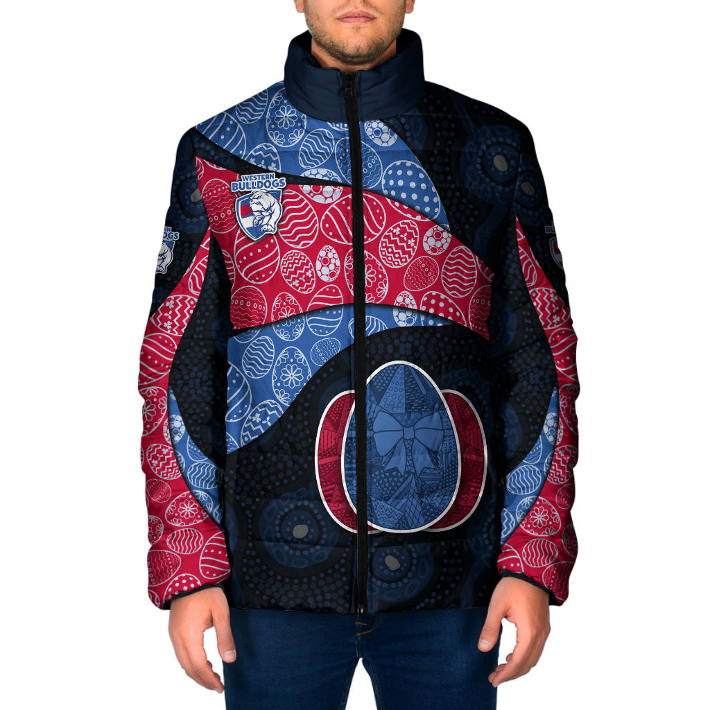 Personalized Western Bulldogs Football Padded Jacket Easter Egg Pattern Red Blue Tribal Dot Art Style