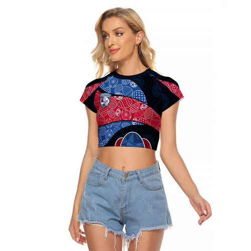 Personalized Western Bulldogs Football Raglan Cropped T Shirt Easter Egg Pattern Red Blue Tribal Dot Art Style