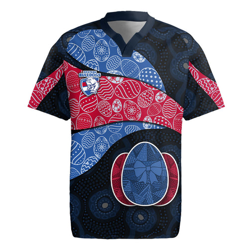 Personalized Western Bulldogs Football Rugby Jersey Easter Egg Pattern Red Blue Tribal Dot Art Style