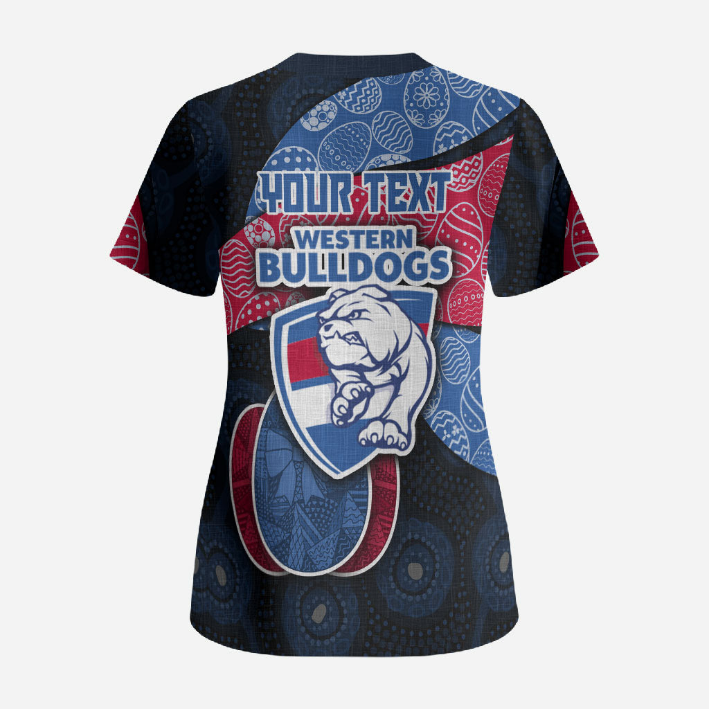 Personalized Western Bulldogs Football Scrub Top Easter Egg Pattern Red Blue Tribal Dot Art Style