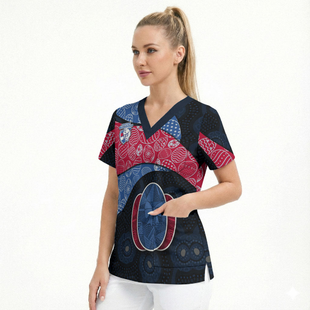 Personalized Western Bulldogs Football Scrub Top Easter Egg Pattern Red Blue Tribal Dot Art Style