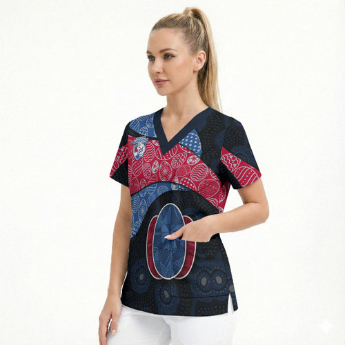 Personalized Western Bulldogs Football Scrub Top Easter Egg Pattern Red Blue Tribal Dot Art Style