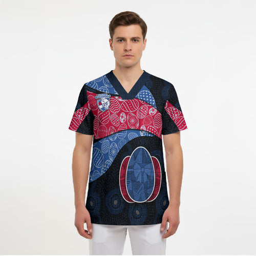 Personalized Western Bulldogs Football Scrub Top Easter Egg Pattern Red Blue Tribal Dot Art Style
