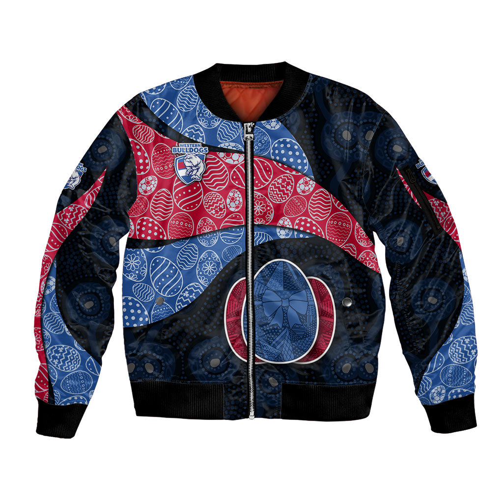 Personalized Western Bulldogs Football Sleeve Zip Bomber Jacket Easter Egg Pattern Red Blue Tribal Dot Art Style