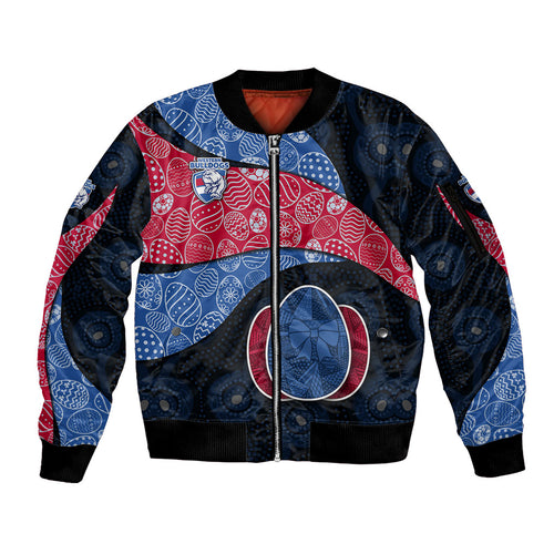 Personalized Western Bulldogs Football Sleeve Zip Bomber Jacket Easter Egg Pattern Red Blue Tribal Dot Art Style