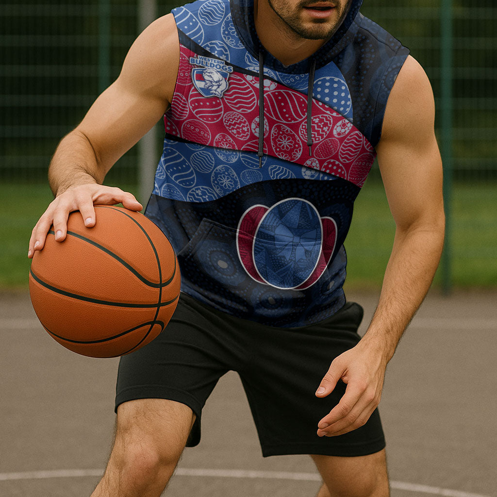 Personalized Western Bulldogs Football Sleeveless Hoodie Easter Egg Pattern Red Blue Tribal Dot Art Style