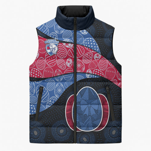 Personalized Western Bulldogs Football Sleeveless Puffer Jacket Easter Egg Pattern Red Blue Tribal Dot Art Style