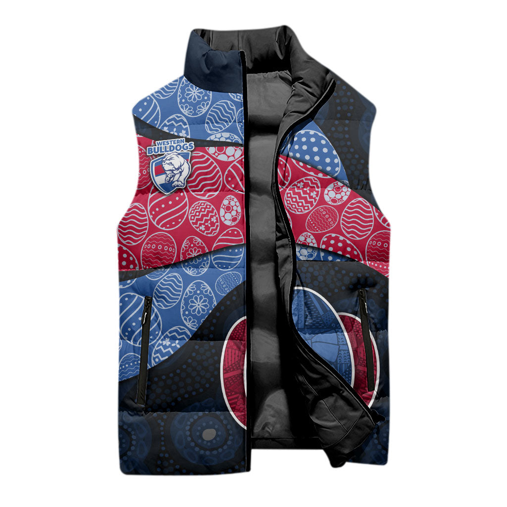 Personalized Western Bulldogs Football Sleeveless Puffer Jacket Easter Egg Pattern Red Blue Tribal Dot Art Style