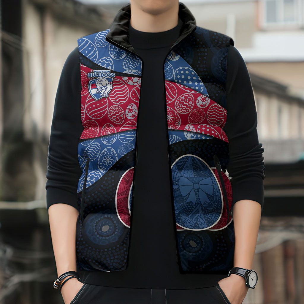 Personalized Western Bulldogs Football Sleeveless Puffer Jacket Easter Egg Pattern Red Blue Tribal Dot Art Style