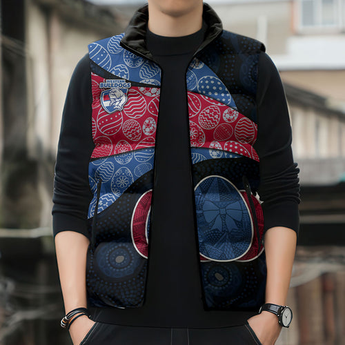 Personalized Western Bulldogs Football Sleeveless Puffer Jacket Easter Egg Pattern Red Blue Tribal Dot Art Style