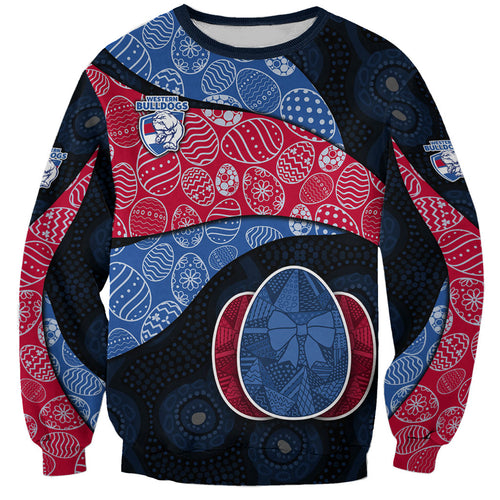 Personalized Western Bulldogs Football Sweatshirt Easter Egg Pattern Red Blue Tribal Dot Art Style