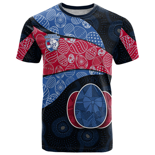 Personalized Western Bulldogs Football T Shirt Easter Egg Pattern Red Blue Tribal Dot Art Style