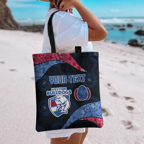 Personalized Western Bulldogs Football Tote Bag Easter Egg Pattern Red Blue Tribal Dot Art Style