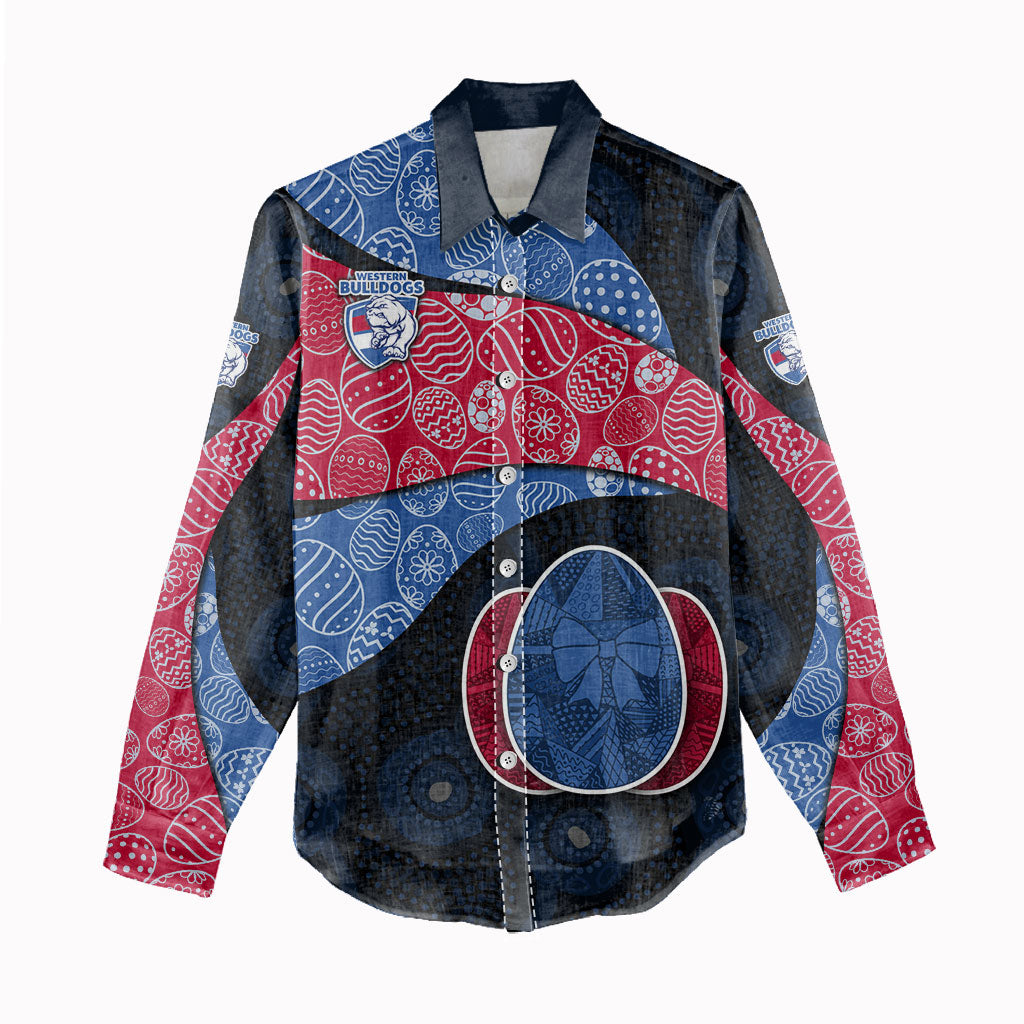 Personalized Western Bulldogs Football Women Casual Shirt Easter Egg Pattern Red Blue Tribal Dot Art Style