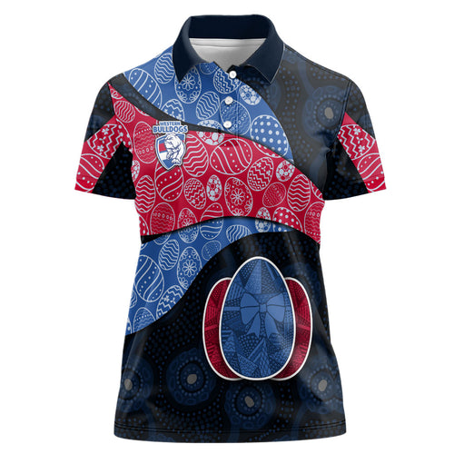 Personalized Western Bulldogs Football Women Polo Shirt Easter Egg Pattern Red Blue Tribal Dot Art Style