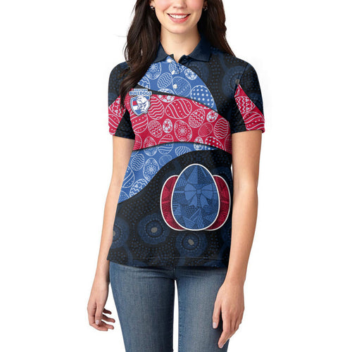 Personalized Western Bulldogs Football Women Polo Shirt Easter Egg Pattern Red Blue Tribal Dot Art Style
