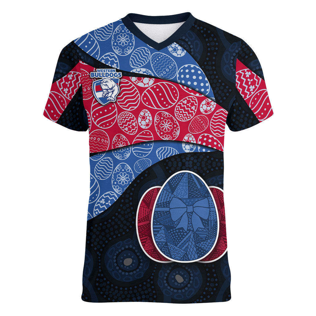 Personalized Western Bulldogs Football Women V-Neck T-Shirt Easter Egg Pattern Red Blue Tribal Dot Art Style