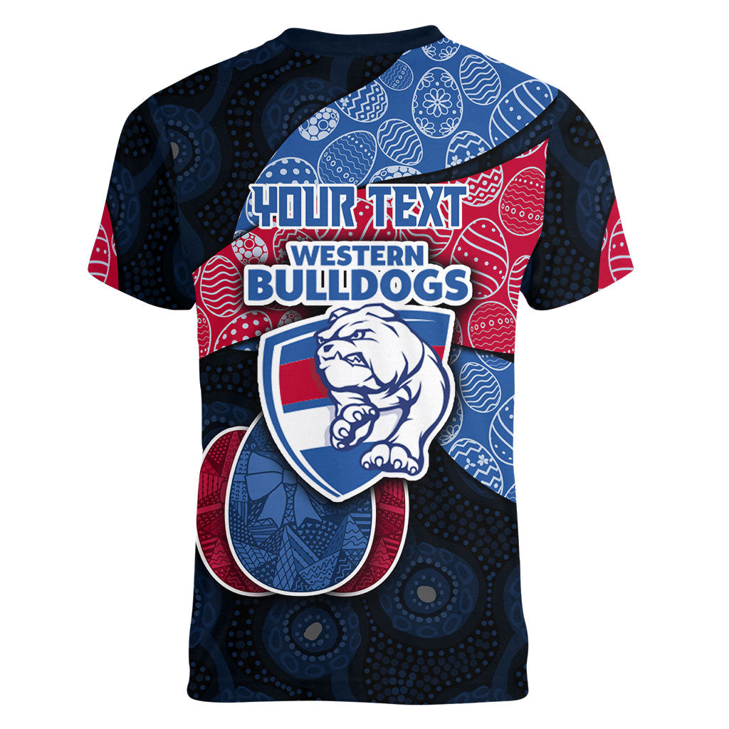 Personalized Western Bulldogs Football Women V-Neck T-Shirt Easter Egg Pattern Red Blue Tribal Dot Art Style