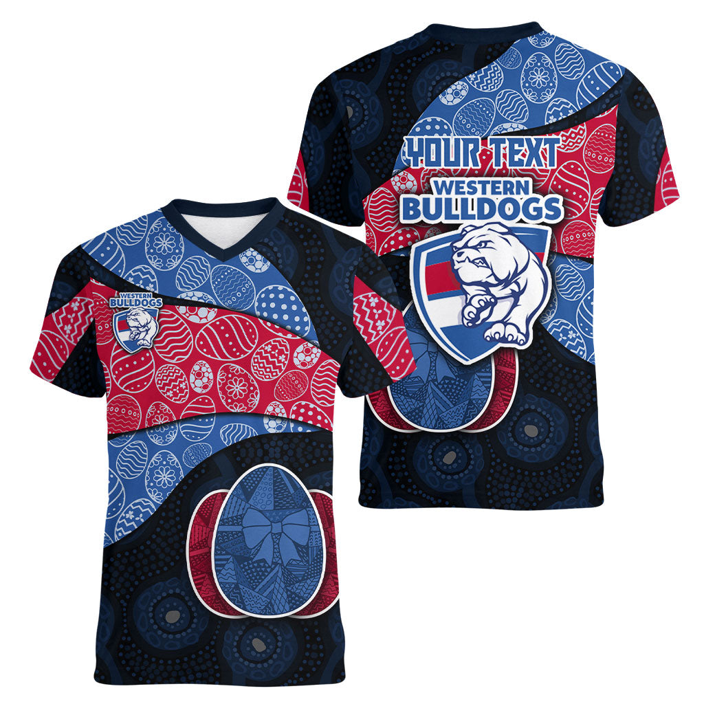 Personalized Western Bulldogs Football Women V-Neck T-Shirt Easter Egg Pattern Red Blue Tribal Dot Art Style