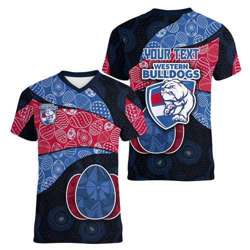 Personalized Western Bulldogs Football Women V-Neck T-Shirt Easter Egg Pattern Red Blue Tribal Dot Art Style