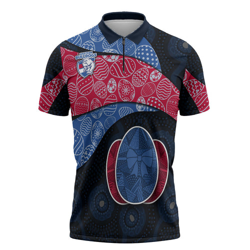 Personalized Western Bulldogs Football Zipper Polo Shirt Easter Egg Pattern Red Blue Tribal Dot Art Style