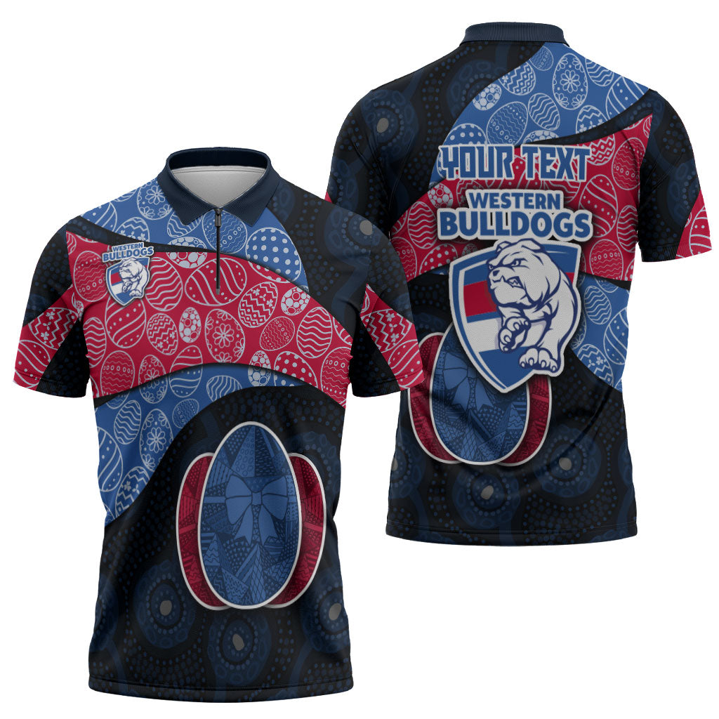 Personalized Western Bulldogs Football Zipper Polo Shirt Easter Egg Pattern Red Blue Tribal Dot Art Style