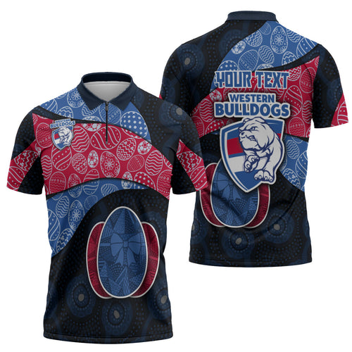 Personalized Western Bulldogs Football Zipper Polo Shirt Easter Egg Pattern Red Blue Tribal Dot Art Style