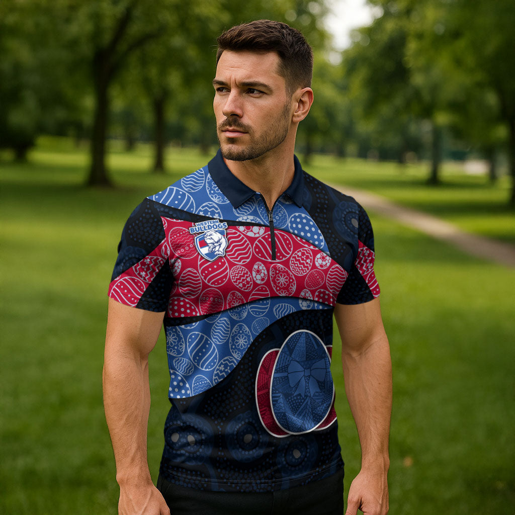 Personalized Western Bulldogs Football Zipper Polo Shirt Easter Egg Pattern Red Blue Tribal Dot Art Style