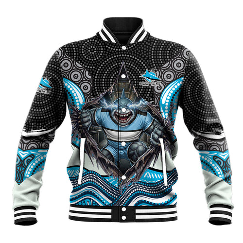 Cronulla Sutherland Sharks Baseball Jacket The Scream of Lightning Eyes - Indigenous Dot Ripping Effect