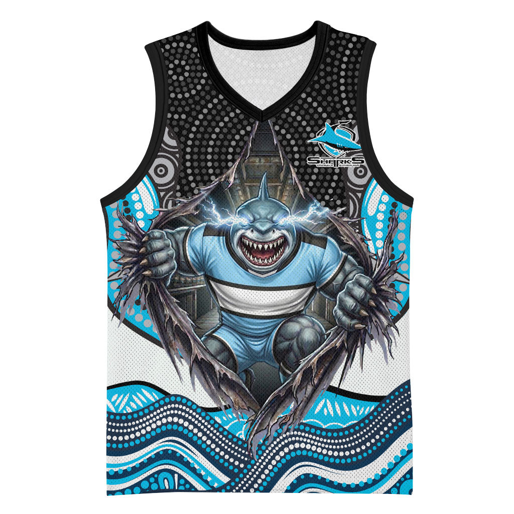 Cronulla Sutherland Sharks Basketball Jersey The Scream of Lightning Eyes - Indigenous Dot Ripping Effect