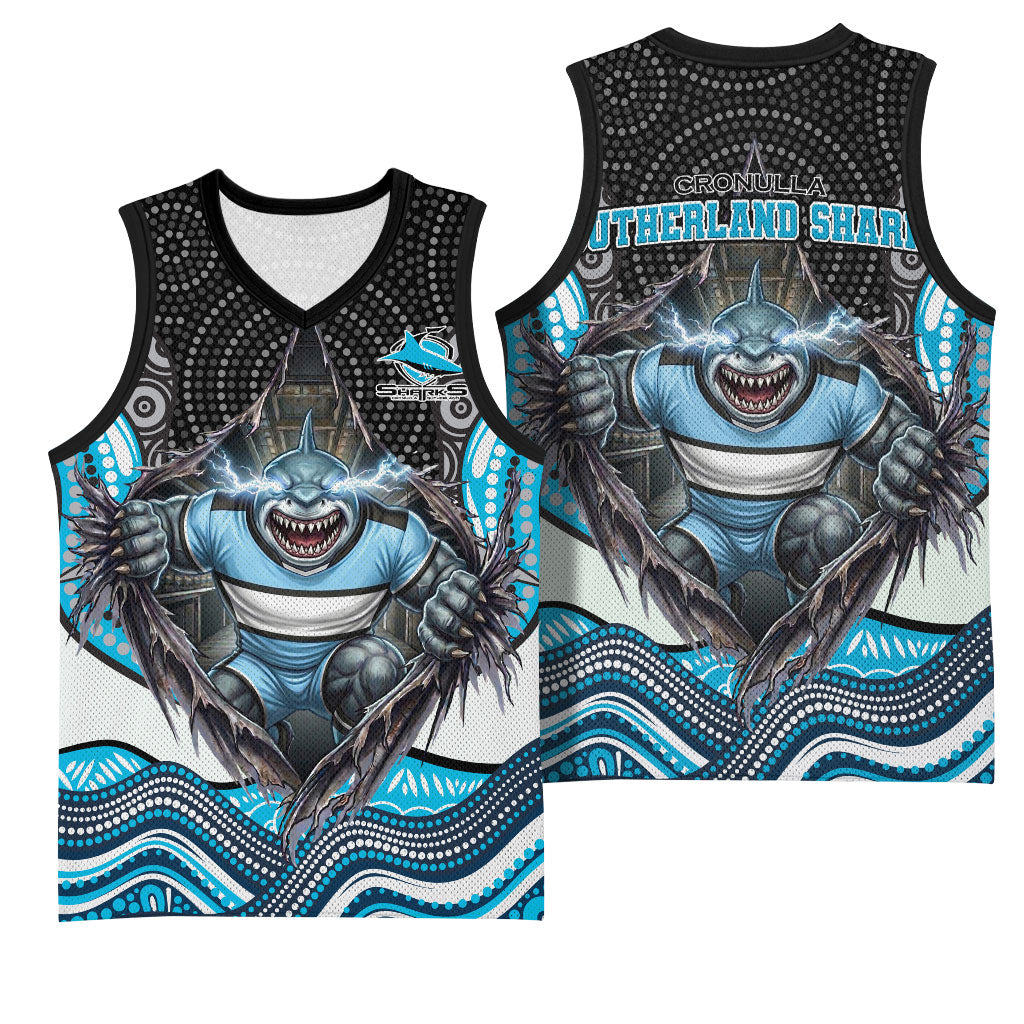 Cronulla Sutherland Sharks Basketball Jersey The Scream of Lightning Eyes - Indigenous Dot Ripping Effect