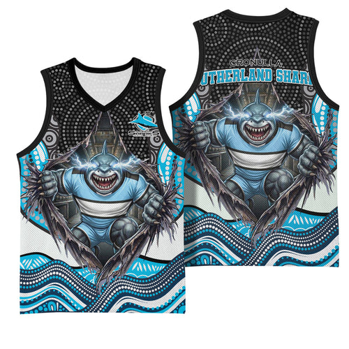 Cronulla Sutherland Sharks Basketball Jersey The Scream of Lightning Eyes - Indigenous Dot Ripping Effect