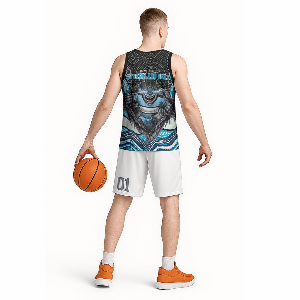 Cronulla Sutherland Sharks Basketball Jersey The Scream of Lightning Eyes - Indigenous Dot Ripping Effect