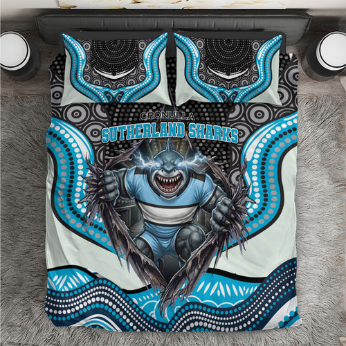 Cronulla Sutherland Sharks Bedding Set The Scream of Lightning Eyes - Indigenous Dot Ripping Effect