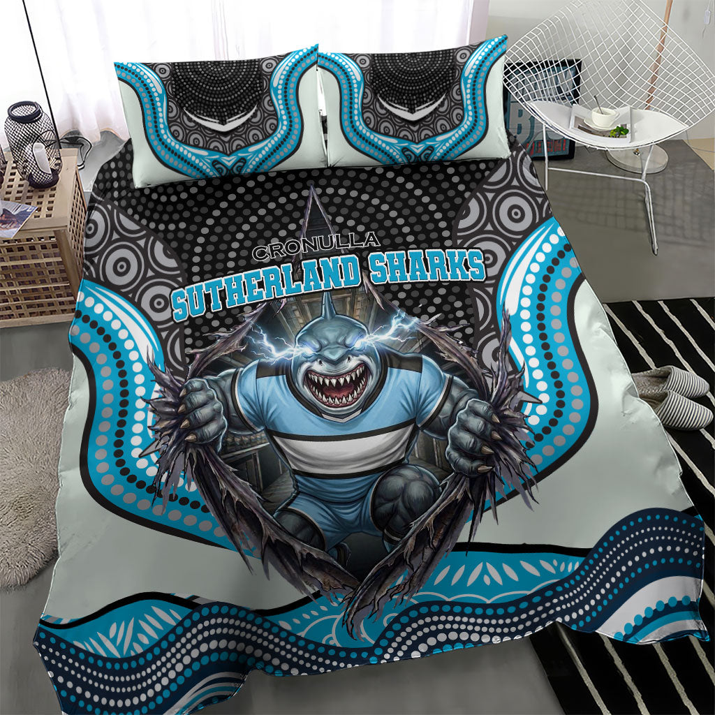 Cronulla Sutherland Sharks Bedding Set The Scream of Lightning Eyes - Indigenous Dot Ripping Effect