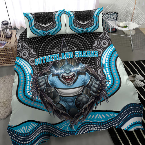 Cronulla Sutherland Sharks Bedding Set The Scream of Lightning Eyes - Indigenous Dot Ripping Effect