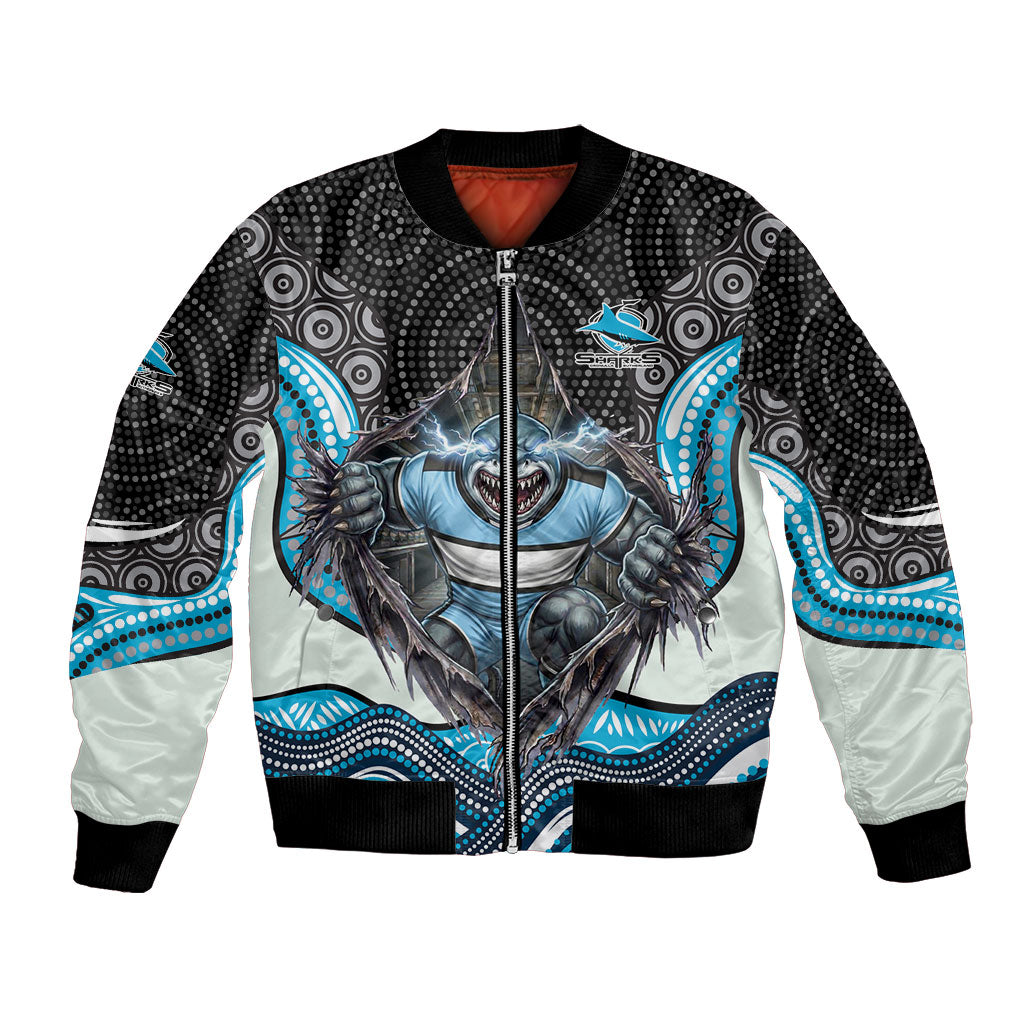 Cronulla Sutherland Sharks Bomber Jacket The Scream of Lightning Eyes - Indigenous Dot Ripping Effect