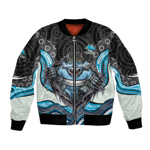 Cronulla Sutherland Sharks Bomber Jacket The Scream of Lightning Eyes - Indigenous Dot Ripping Effect