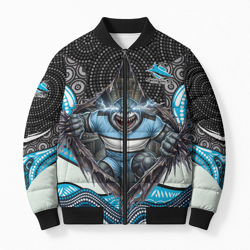 Cronulla Sutherland Sharks Bomber Puffer Jacket The Scream of Lightning Eyes - Indigenous Dot Ripping Effect