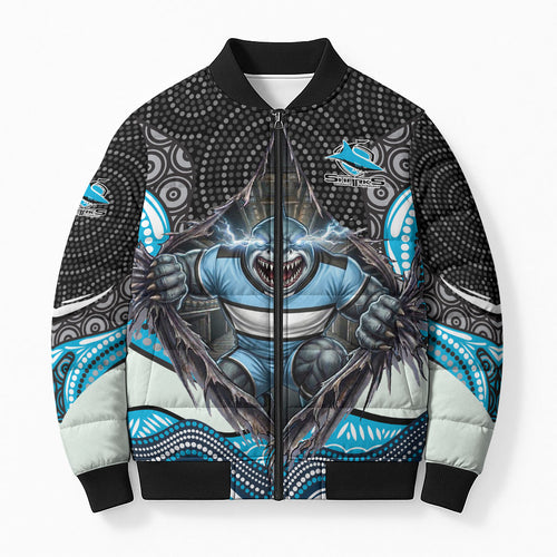 Cronulla Sutherland Sharks Bomber Puffer Jacket The Scream of Lightning Eyes - Indigenous Dot Ripping Effect