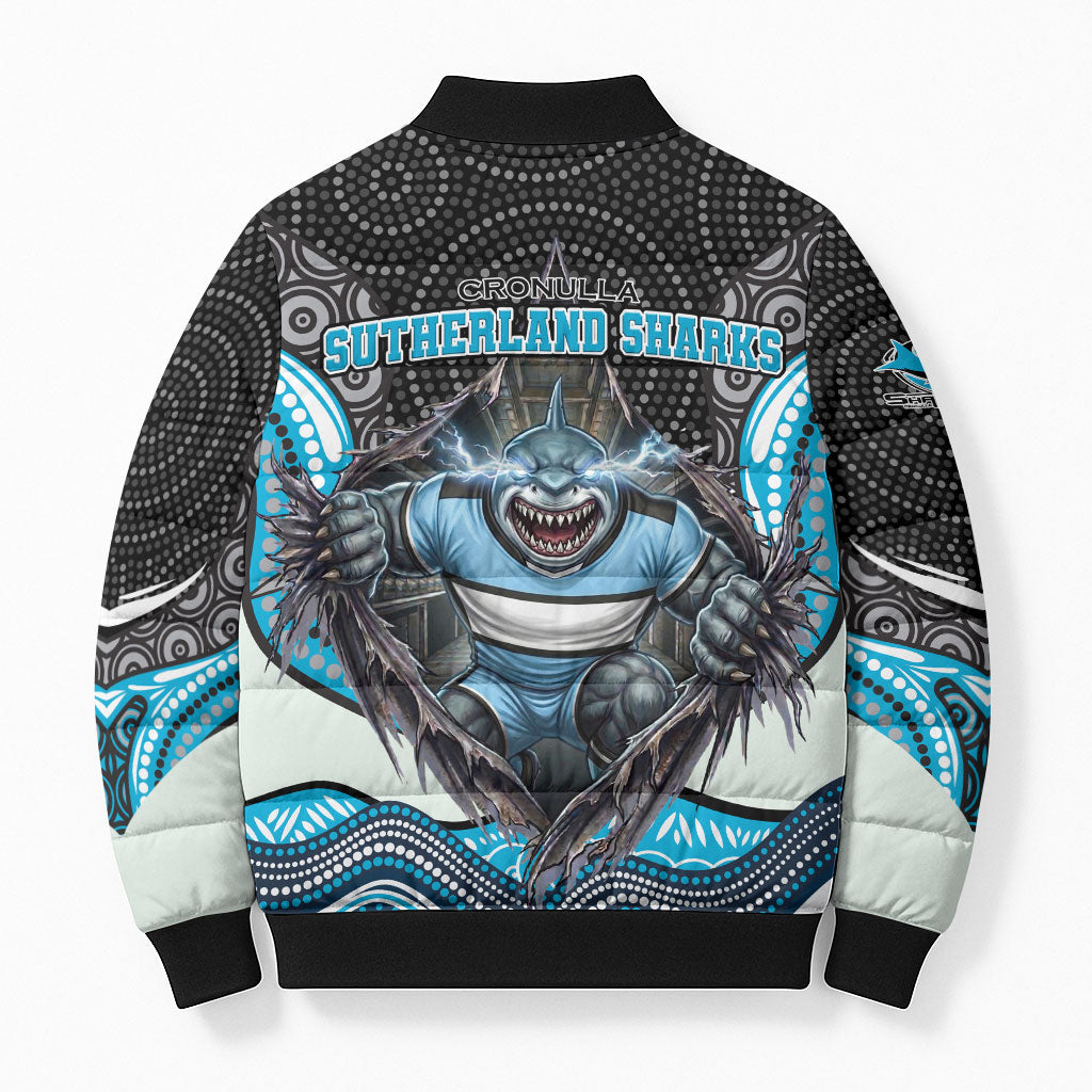 Cronulla Sutherland Sharks Bomber Puffer Jacket The Scream of Lightning Eyes - Indigenous Dot Ripping Effect