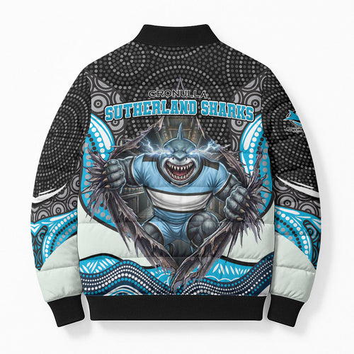 Cronulla Sutherland Sharks Bomber Puffer Jacket The Scream of Lightning Eyes - Indigenous Dot Ripping Effect