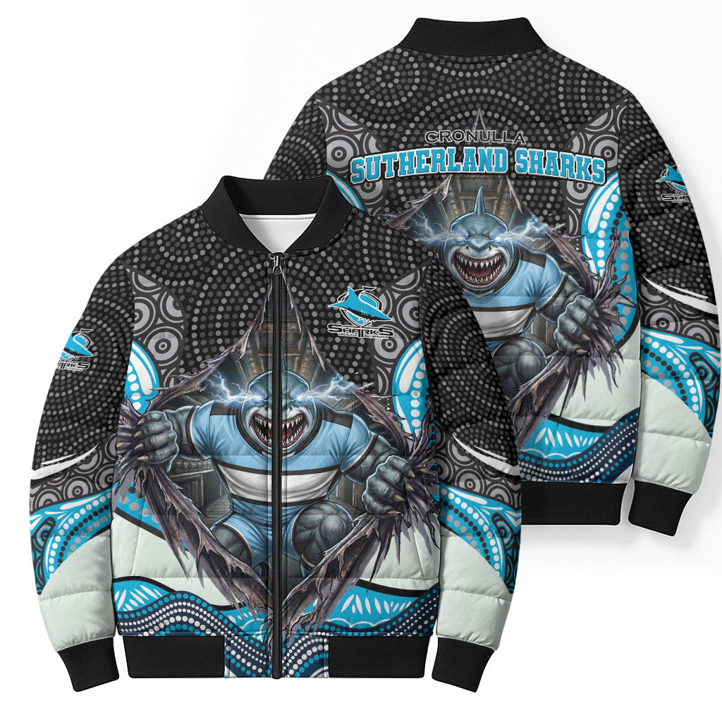 Cronulla Sutherland Sharks Bomber Puffer Jacket The Scream of Lightning Eyes - Indigenous Dot Ripping Effect