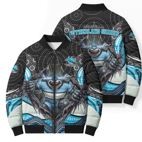 Cronulla Sutherland Sharks Bomber Puffer Jacket The Scream of Lightning Eyes - Indigenous Dot Ripping Effect