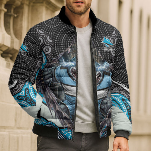 Cronulla Sutherland Sharks Bomber Puffer Jacket The Scream of Lightning Eyes - Indigenous Dot Ripping Effect