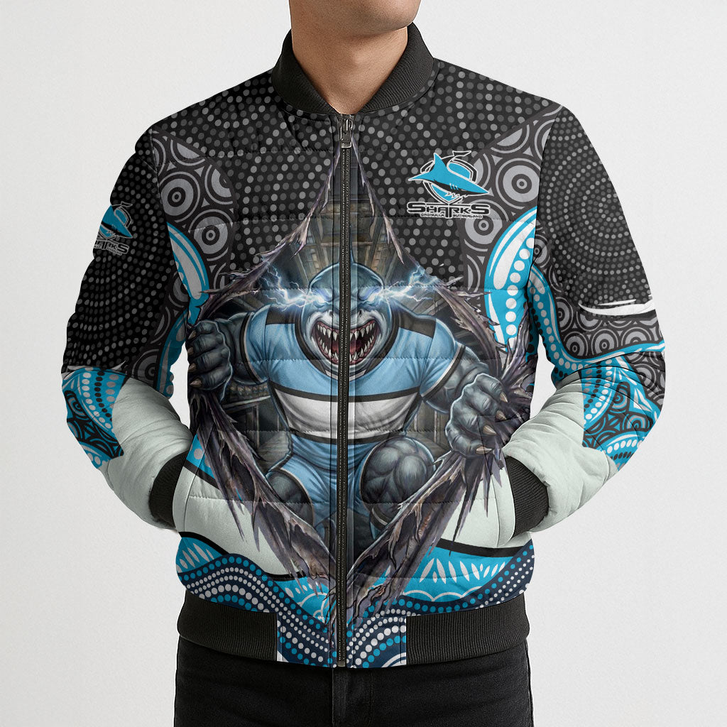 Cronulla Sutherland Sharks Bomber Puffer Jacket The Scream of Lightning Eyes - Indigenous Dot Ripping Effect